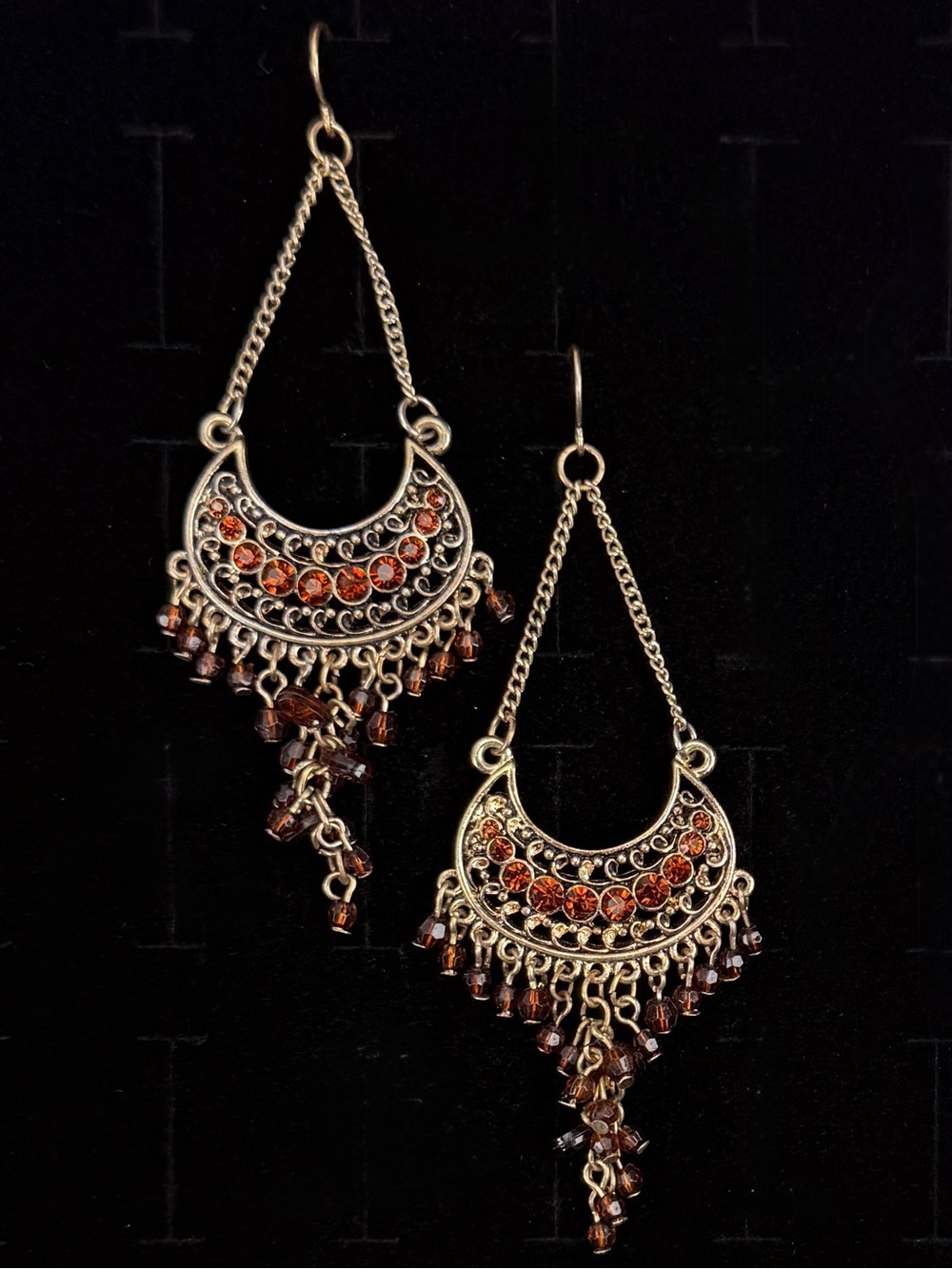 Vintage brass tone, amber colored, bohemian chic, chandelier pierced earrings